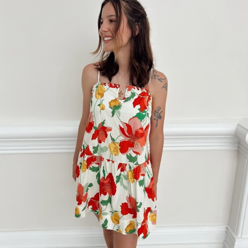 Pink Lily White Mini Dress with Red & Yellow Floral Print
